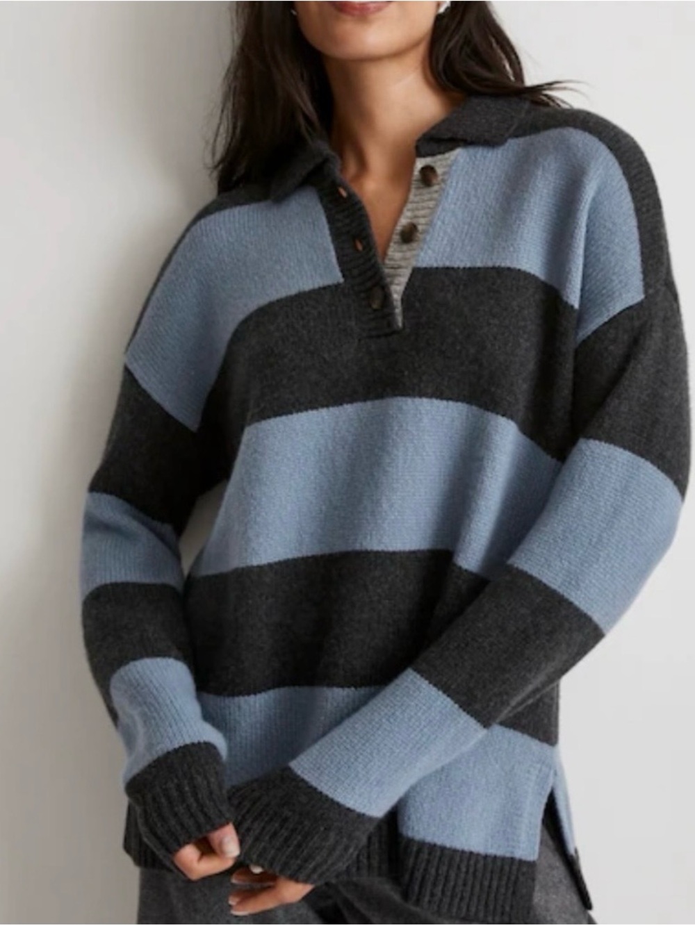 Madewell Blue & Charcoal Striped V-Neck Polo Sweater